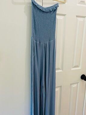 Love Tree Smocked Tube Jumpsuit in Light Blue LARGE (Runs Big)
